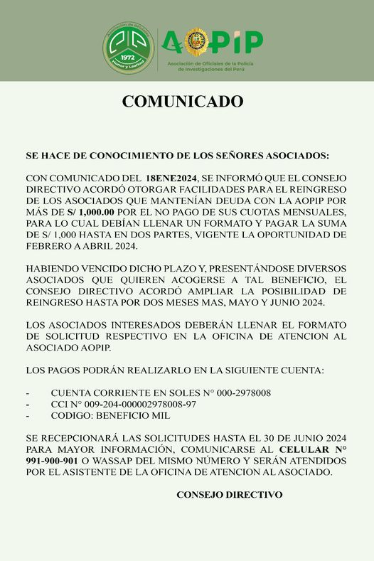 Facilidades para reingreso de los asociados
